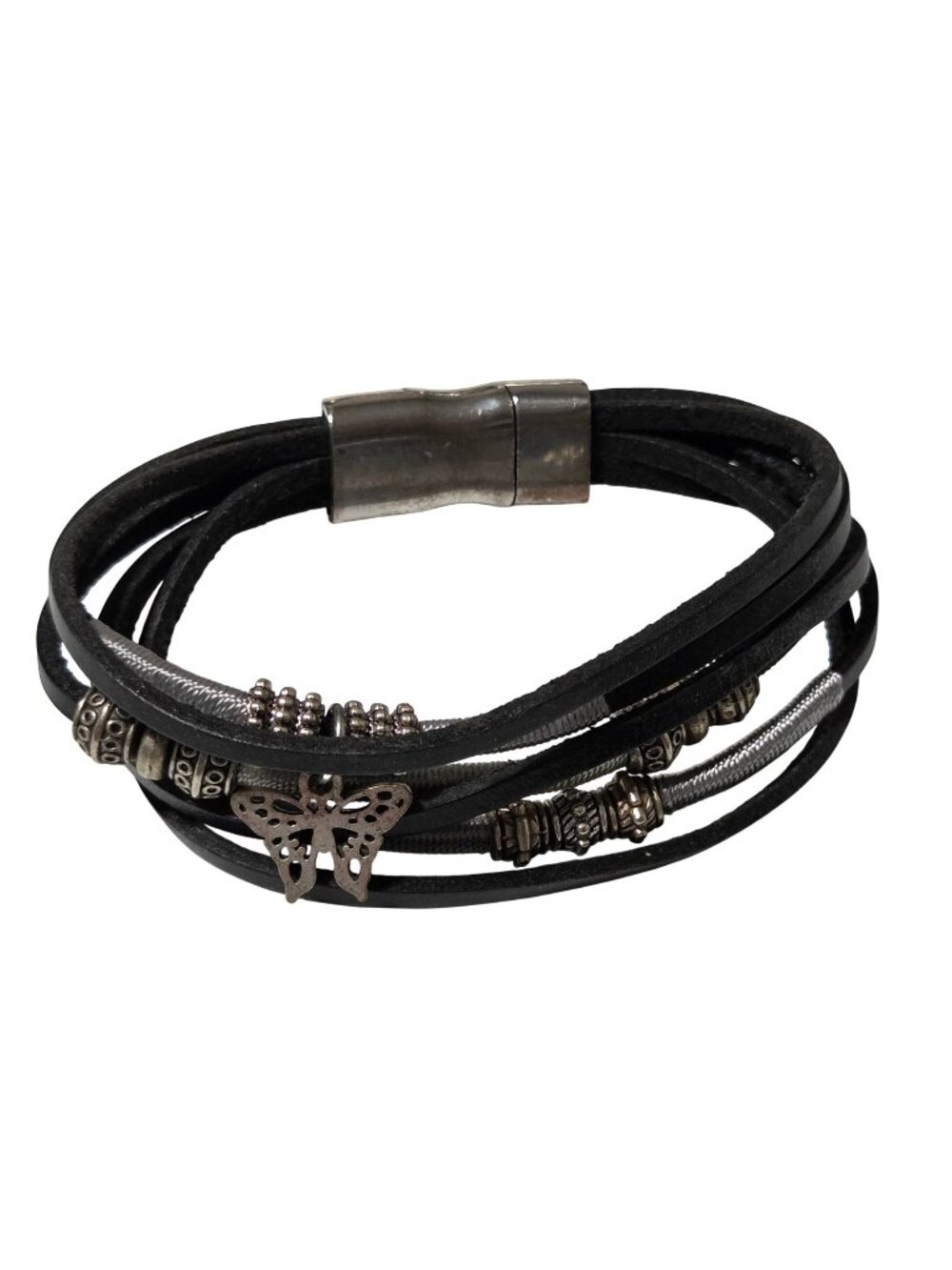 Whimsy Goth Black Leather Bracelet Silver Tone Beads Butterfly Charm Jewelry
